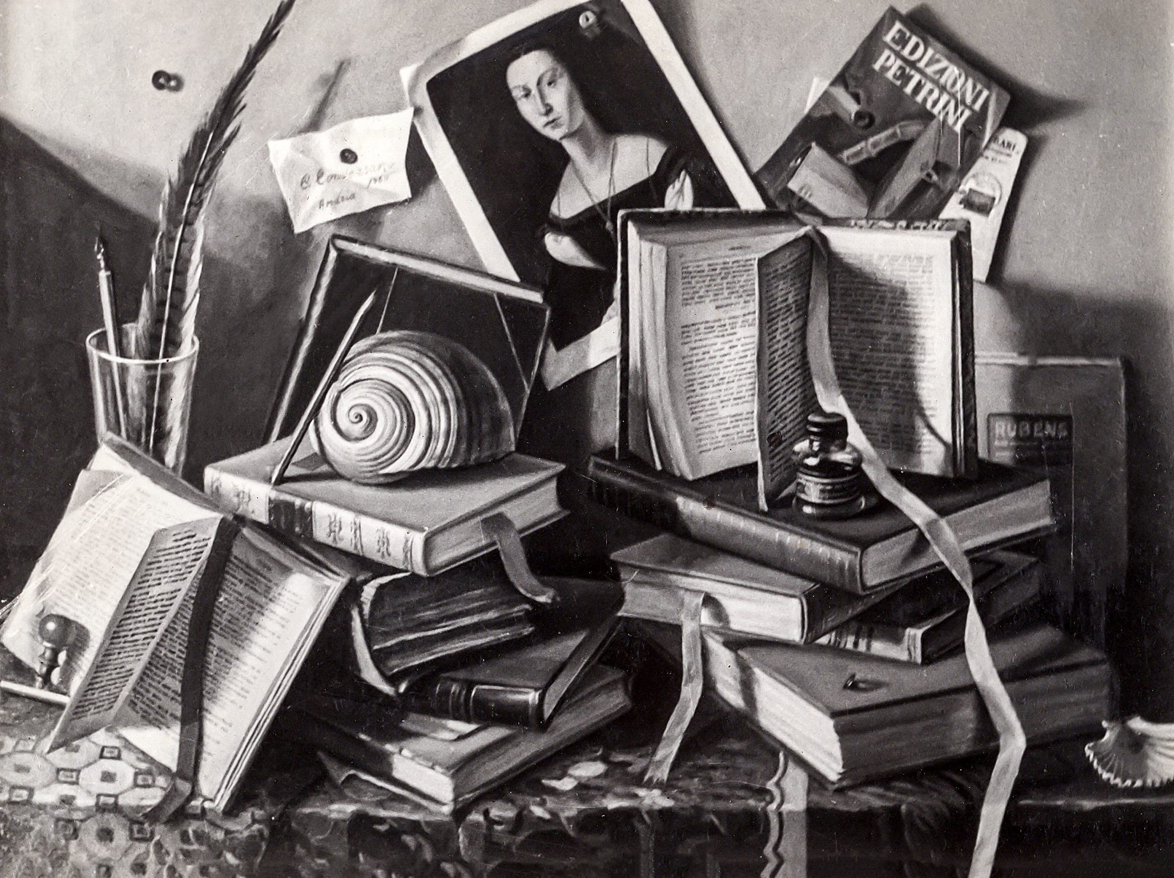 Libri e conchiglia, 1958 — dipinto di Carmine Conversano
