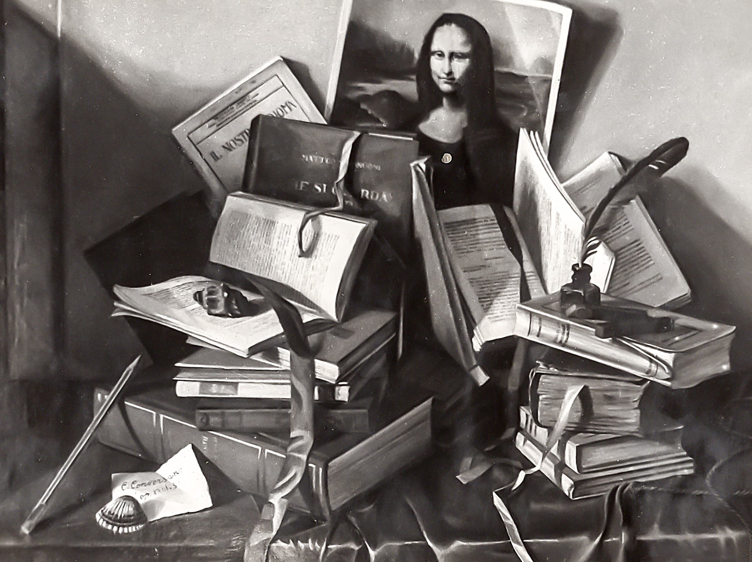 Libri e Gioconda, 1958 — dipinto di Carmine Conversano