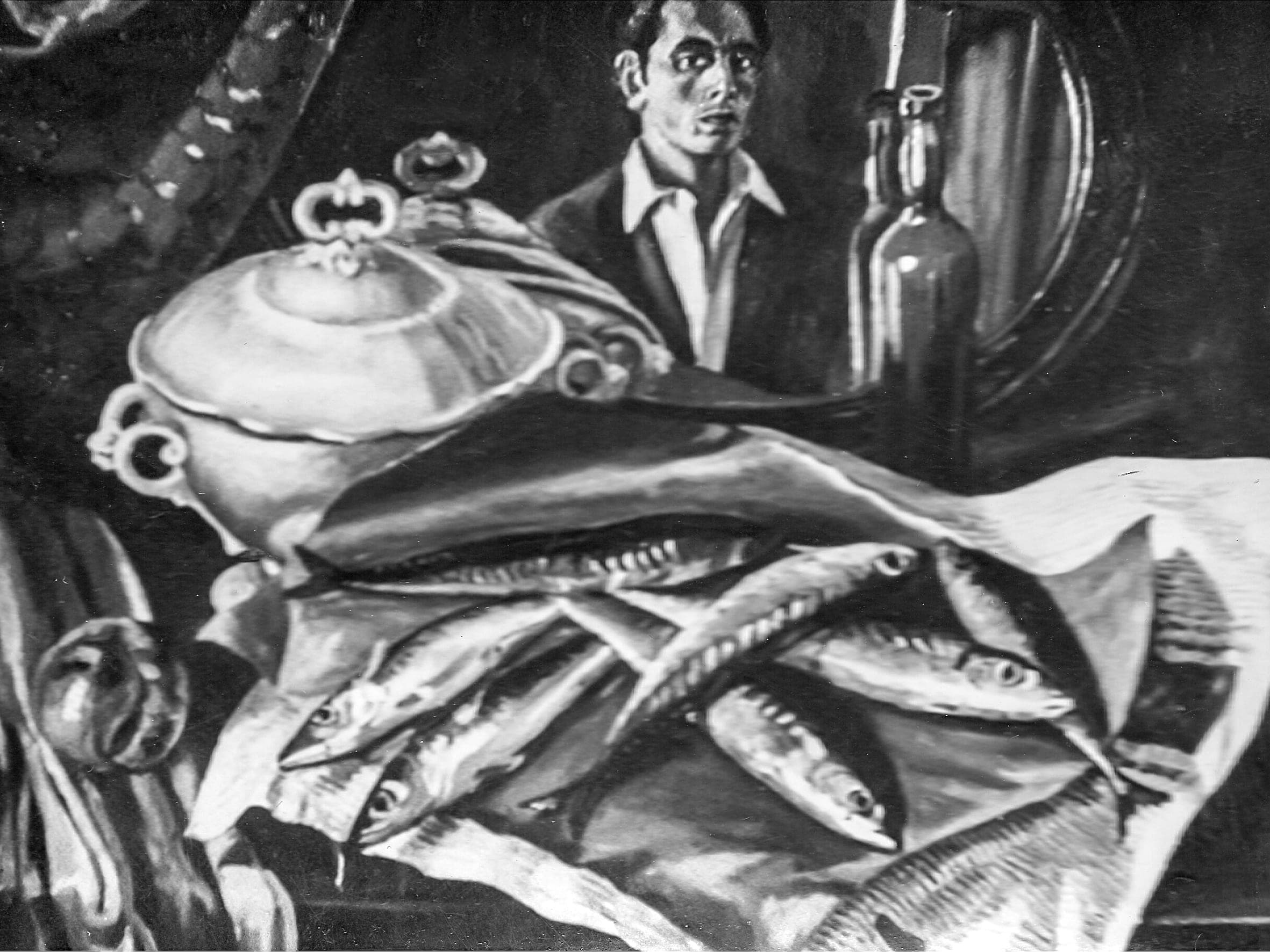 Pesci con autoritratto, 1958 — dipinto di Carmine Conversano