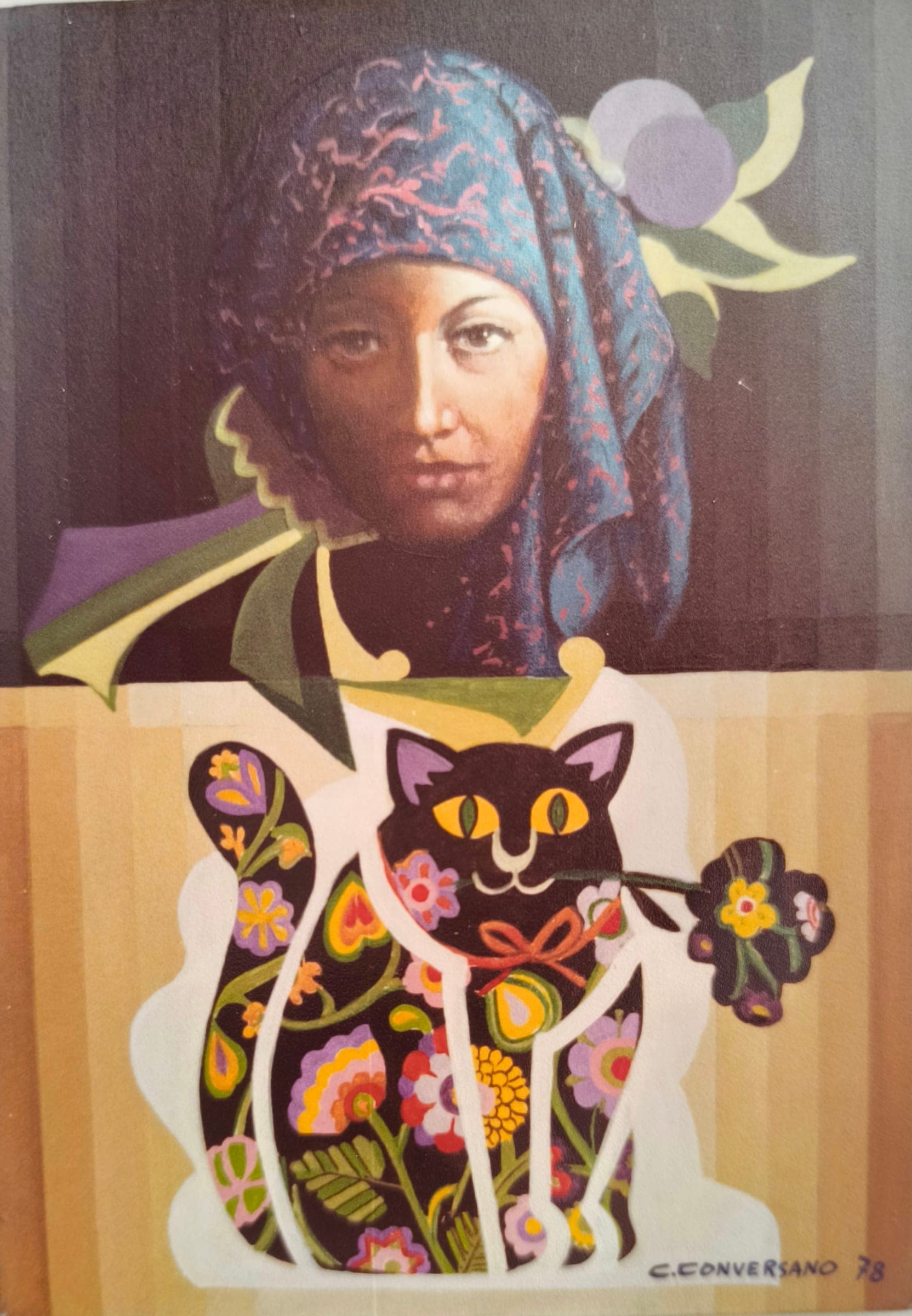 Gatto a fiori, 1978 — dipinto di Carmine Conversano