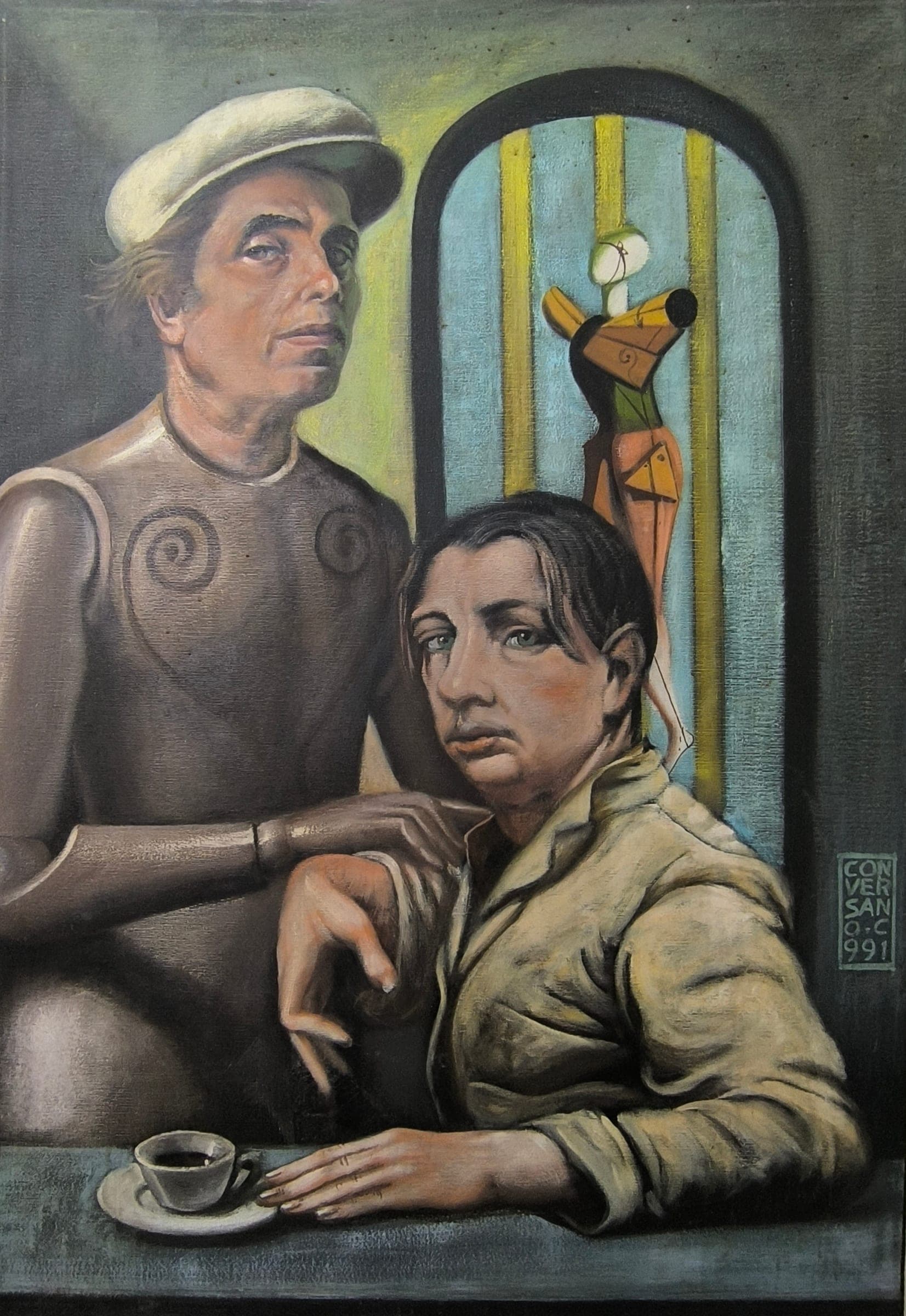 Autoritratto con De Chirico, 1991 — dipinto di Carmine Conversano